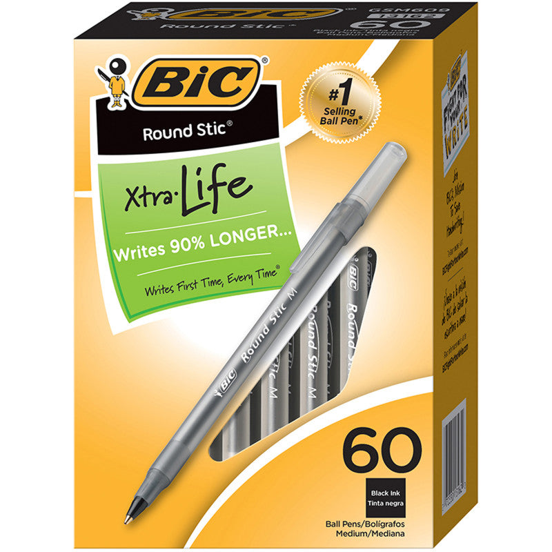 Round Stic&reg; Xtra Life Ball Pen, Black, Pack of 60