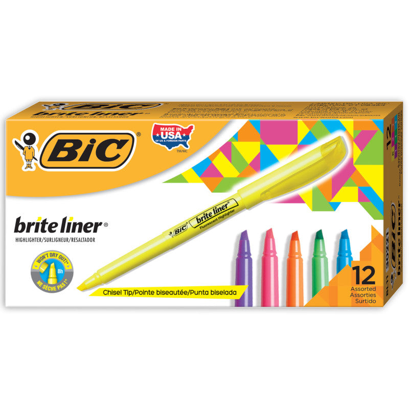 Brite Liner Highlighters Markers, Assorted Colors, Chisel Tip, 12-Count Pack