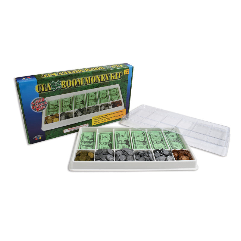 Classroom Money Kit - Set of 1,000 Bills & Coins - Storage Tray and Lid