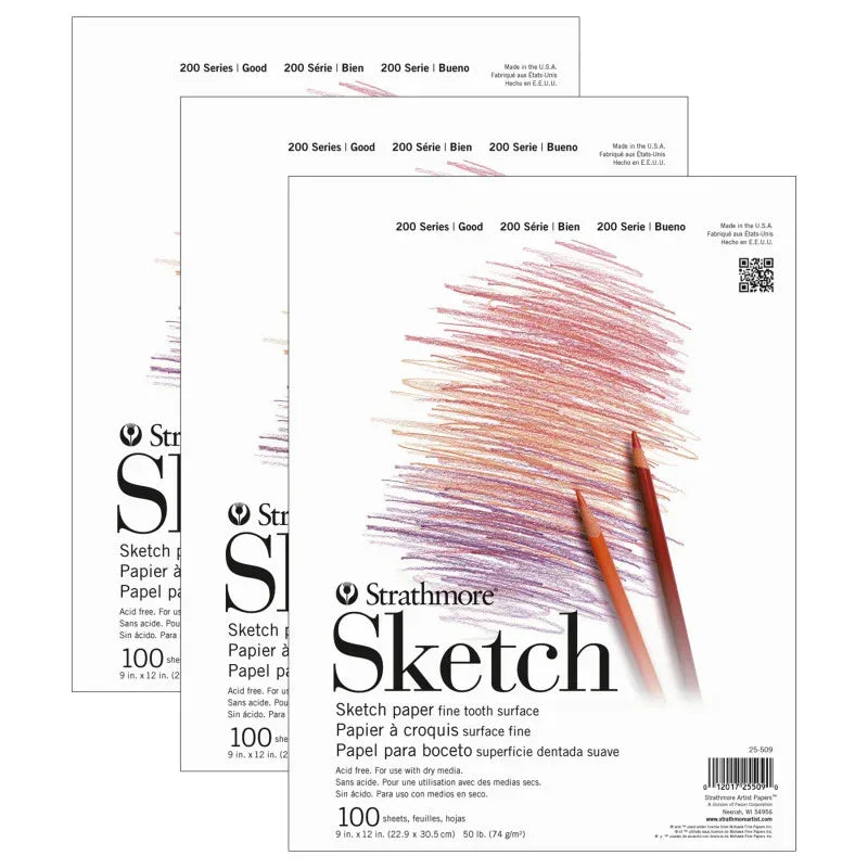 200 Series Sketch Pad, Tape Binding, 100 Sheet, 9x12 inch, Pack of 3