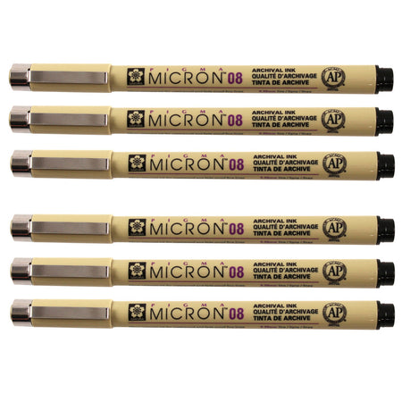 Pigma Micron Pen, Black, 0.50mm Size 08, Pack of 6