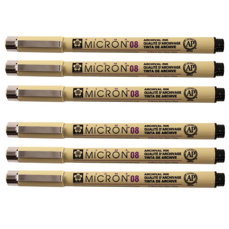 Pigma Micron Pen, Black, 0.50mm Size 08, Pack of 6