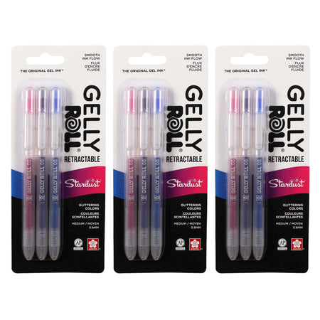 Retractable Stardust Gel Pens, 08 Medium Point, Assorted Colors, 3 Per Set, 3 Sets
