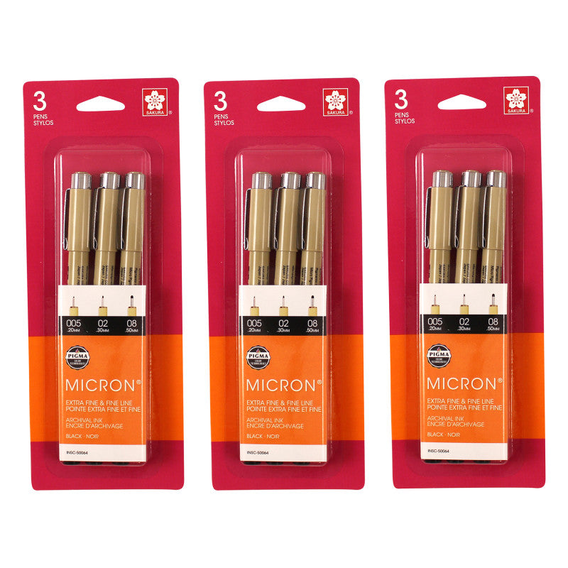 Pigma Micron Pens, Black, Assorted Sizes, 3 Per Pack, 3 Packs
