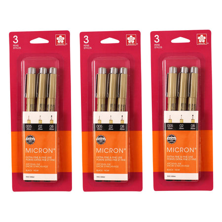 Pigma Micron Pens, Black, Assorted Sizes, 3 Per Pack, 3 Packs
