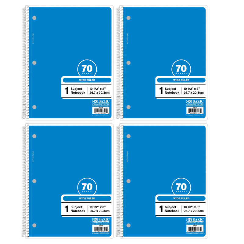 1-Subject Spiral Notebooks, Wide Ruled, 70 Count, Blue, 4-Pack