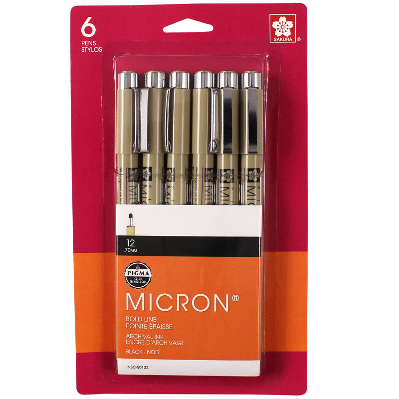 Pigma Micron Pens, Black, Size 12, 6-Pack, Blister Card