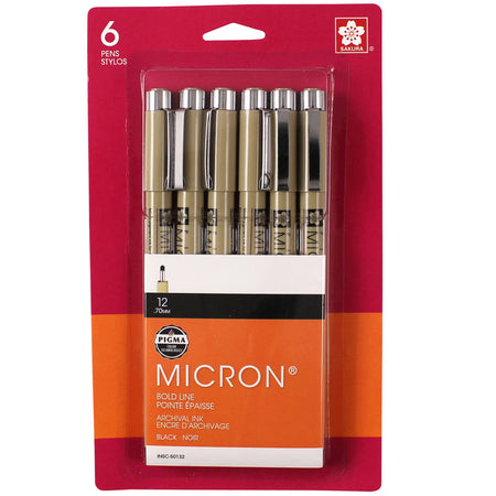 Pigma Micron Pens, Black, Size 12, 6-Pack, Blister Card
