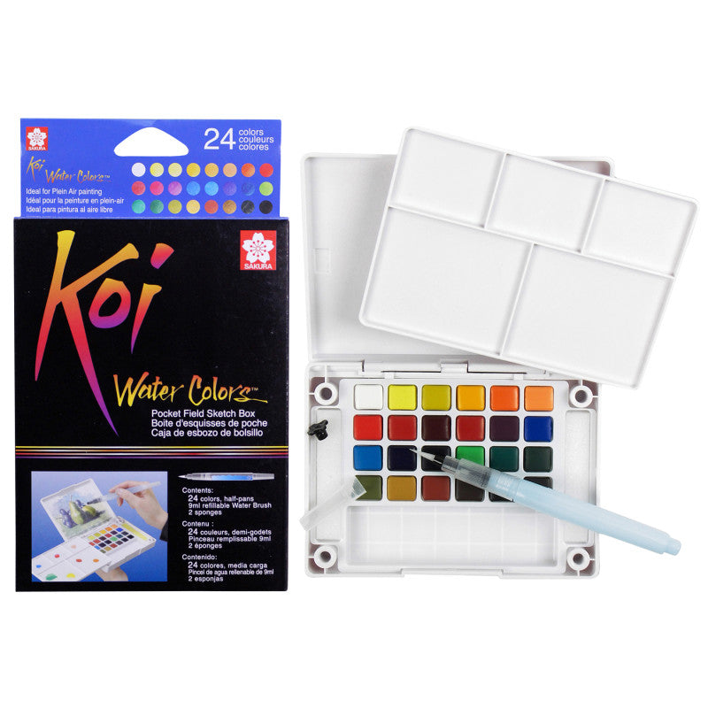 Koi Water Colors Field Sketch Box with Brush, 24 Colors