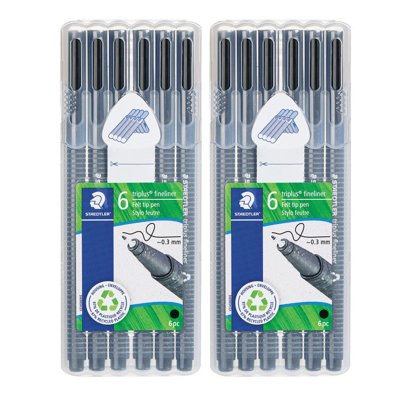 TriplusÂ® Fineliner Pens, Superfine 0.3 mm, Black, 6 Per Pack, 2 Packs