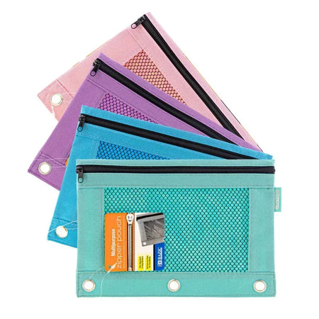 3-Ring Pencil Pouch with Mesh Window, Retro Pastel Colors, Pack of 4