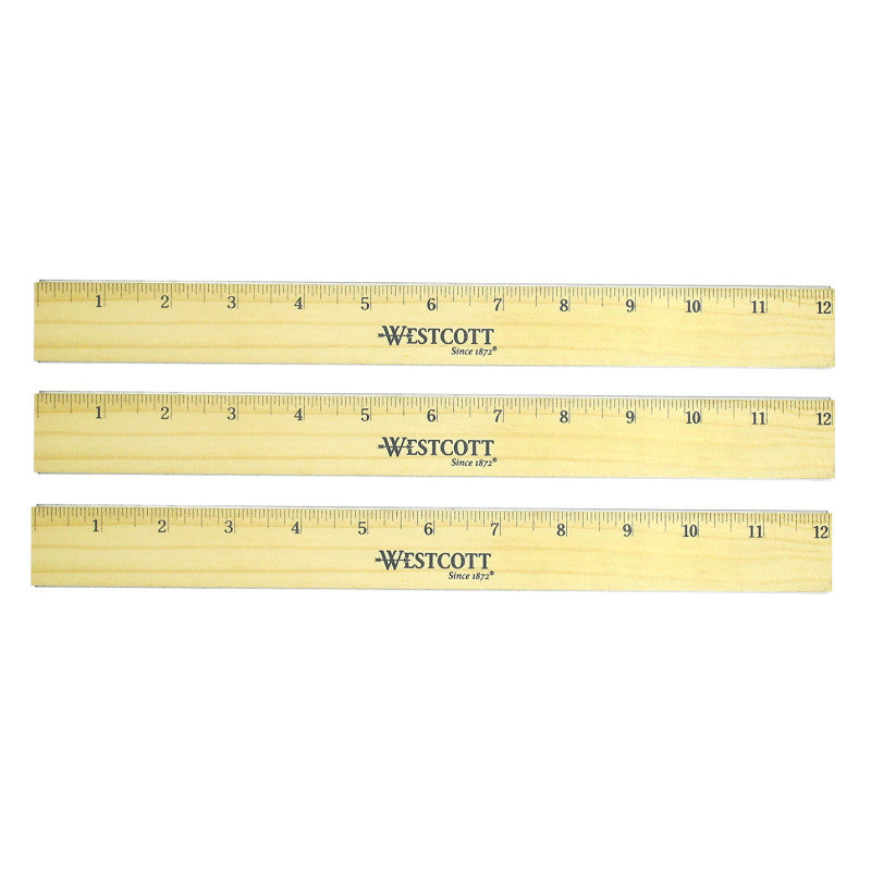 Flat Wood Ruler With Two Double Brass Edges, Standard/Metric, 12 in, Clear Lacquer Finish, Set of 3