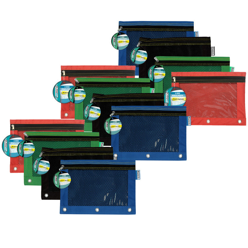3 Ring Pencil Pouch With Mesh Window, 10" x 7.5", Assorted Colors, Pack of 12