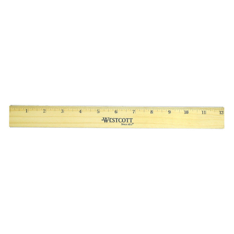 Flat Wood Ruler With Two Double Brass Edges, Standard/Metric, 12 in, Clear Lacquer Finish