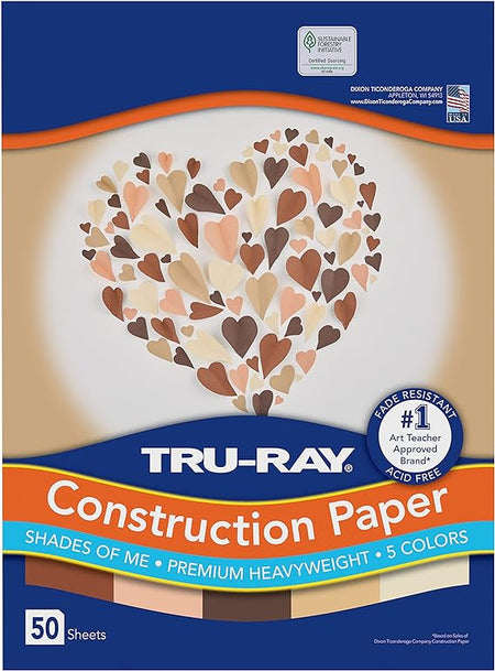 Tru-Ray® Shades of Me, Construction Paper, 5 Assorted Skin Tone Colors, 9" x 12", 50 Sheets