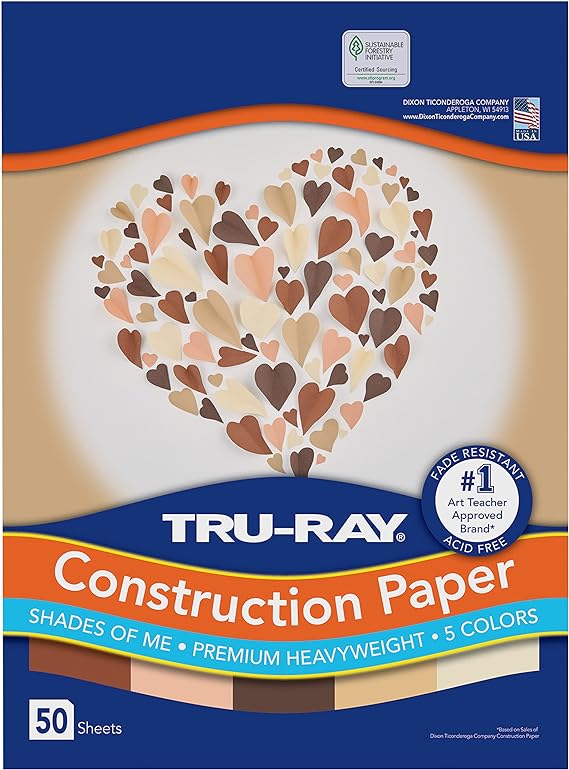 Tru-Ray® Shades of Me, Construction Paper, 5 Assorted Skin Tone Colors, 9" x 12", 50 Sheets
