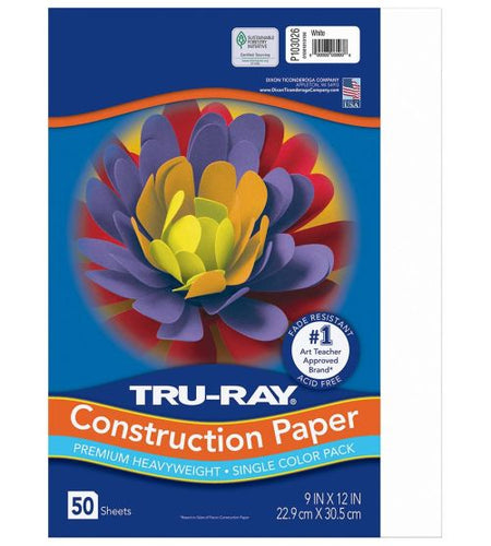 Pacon Tru-Ray Construction Paper 9" x 12" 50 Sheets Per Pack White