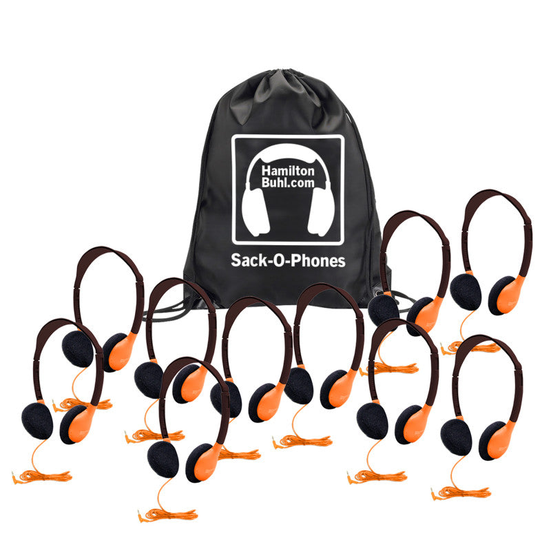 Sack-O-Phones, 10 Personal Headphones in a Carry Bag, Orange