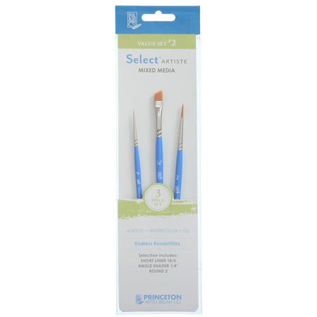 Select Artiste Brush Set No. 2, Synthetic Bristles, Short Handle Mixed Media Paintbrush, Jewel Blue, 3 Pieces