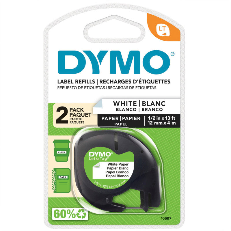 LetraTag Paper Label Tape, 1/2 Inch x 13 Feet, Black on White, 2 Rolls