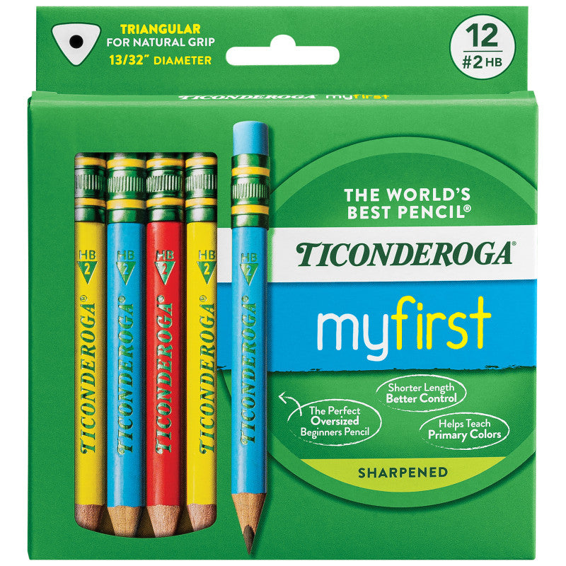 My First&reg; Short Wooden Pencils, Large Triangle Barrel, Sharpened, #2 HB Soft, With Eraser, Primary Colors, 12 Count