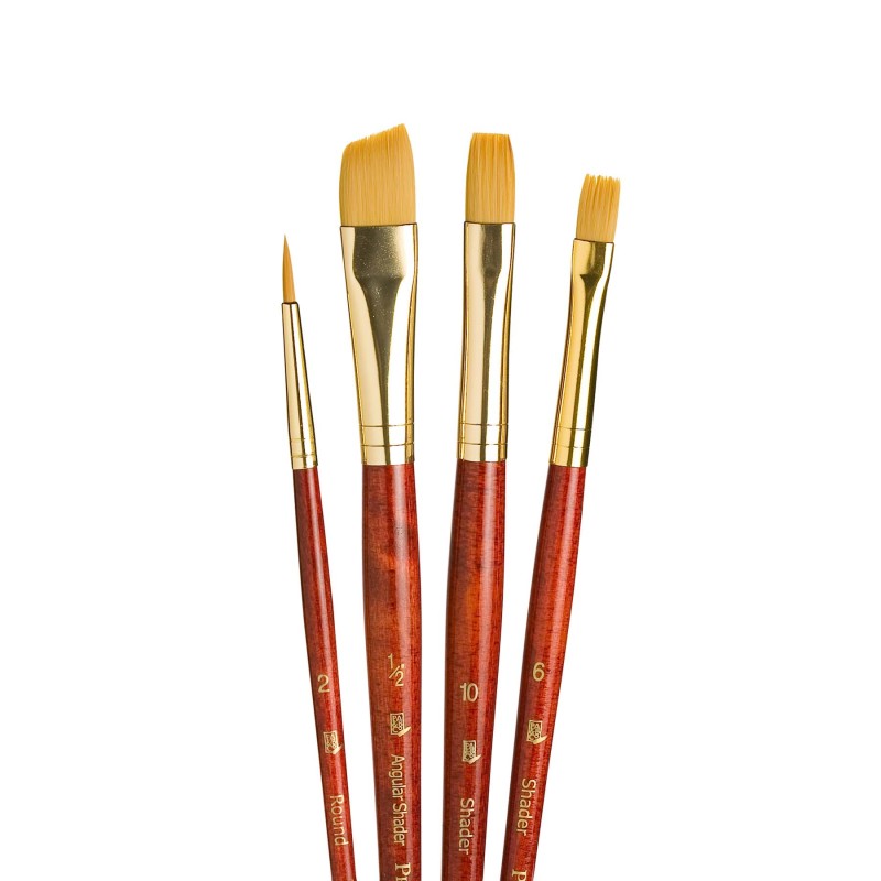 RealValue Brush Set, Gold Taklon Bristles, Short Handle Mixed Media Paintbrush, Red, 4 Pieces