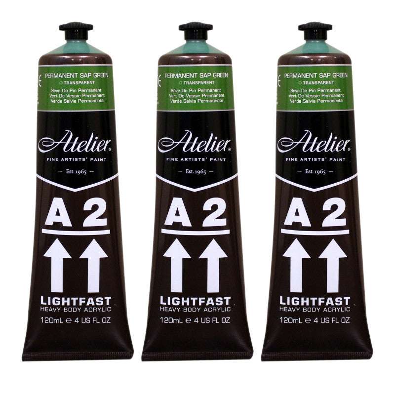 A2 Heavy Body Lightfast Artist Acrylic, 4 oz., Permanent Sap Green, Pack of 3