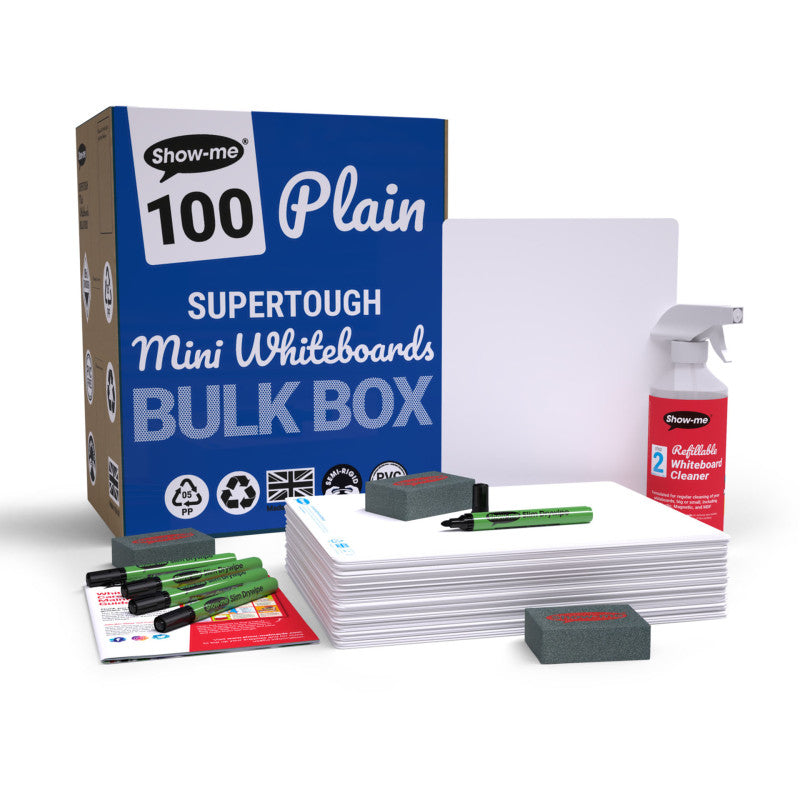 Bulk Box of 100 x A4 Plain/Plain SUPERTOUGH Whiteboards, with Pens, Erasers, Cleaner