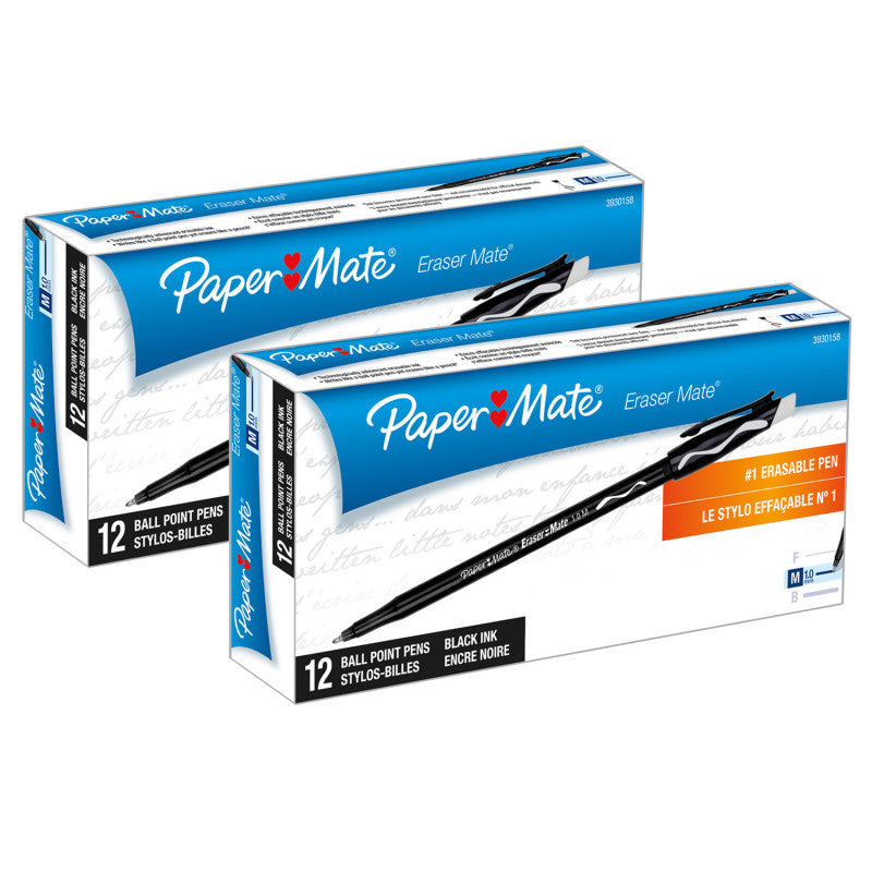 Eraser Mate&reg; Pen, Black, 12 Per Pack, 2 Packs