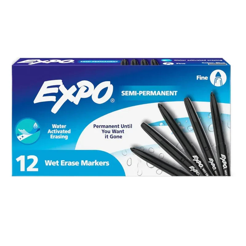 Vis-a-Vis Wet Erase Markers, Fine Point, Black, 12 Count