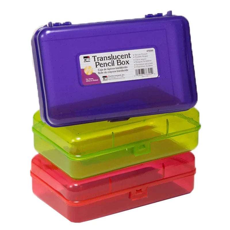 Pencil Box, 2-1/2"H x 5-1/4"D x 8-1/4"W, Translucent Assorted Colors, Pack of 3