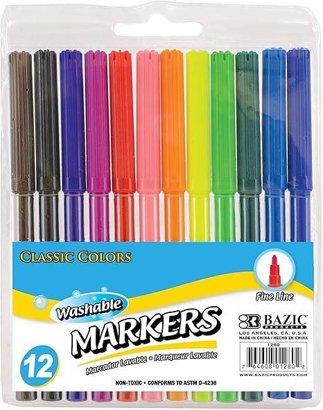BAZIC Fine Line 12 Classic Colors Washable Markers (BAZ-1280)