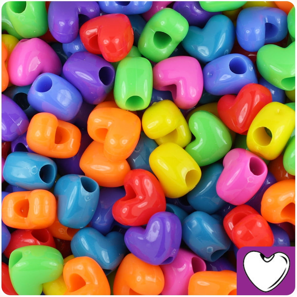 Heart Pony Beads - Plastic - Neon Multi Colors - 450/pkg. 12 x 10mm, (21227)