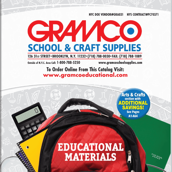 Gramco School & Craft Supplies catalog cover with educational materials and contact information.