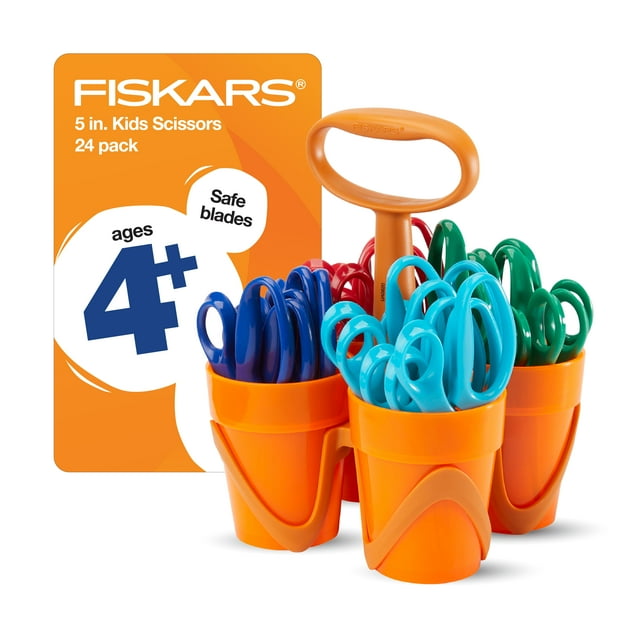 Fiskars Classpack Scissors Caddy, Rounded Tip, 5" Long, 1.6" Cut Length, Straight Assorted Color Handles, 24/Set