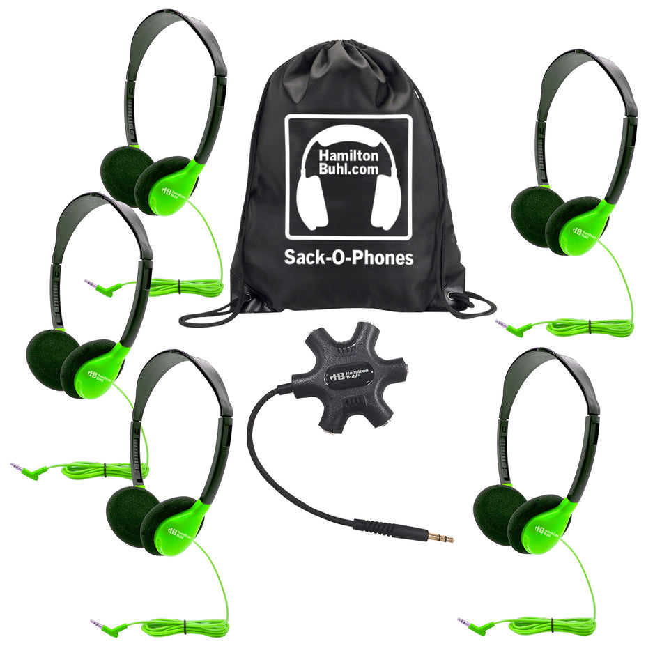 Galaxy Econo-Line of Sack-O-Phones with 5 Green Personal-Sized Headphones, Starfish Jackbox and Carry Bag