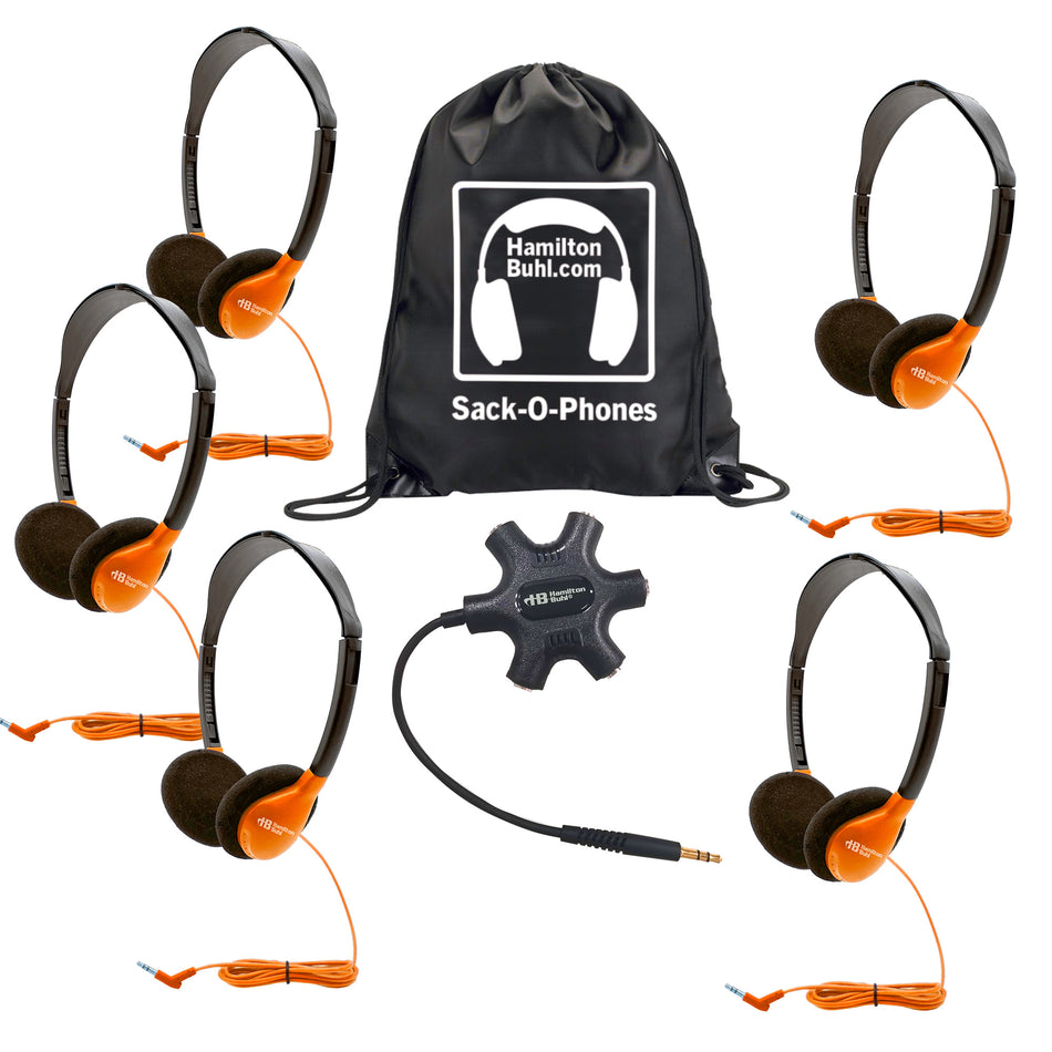 Galaxy Econo-Line of Sack-O-Phones with 5 Orange Personal-Sized Headphones, Starfish Jackbox and Carry Bag