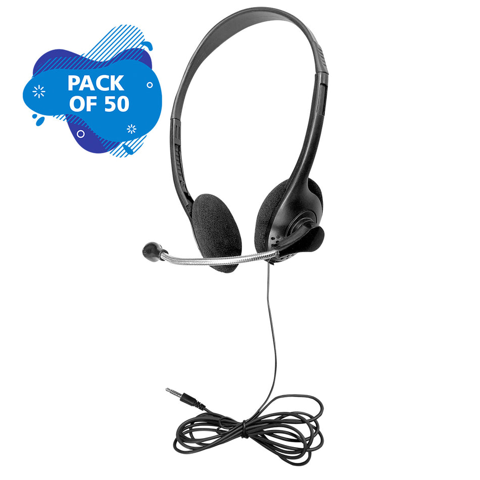 Multi-Pack of 50 Personal Headsets with Steel-Reinforced Mic, TRRS Plug and Foam Ear Cushions
