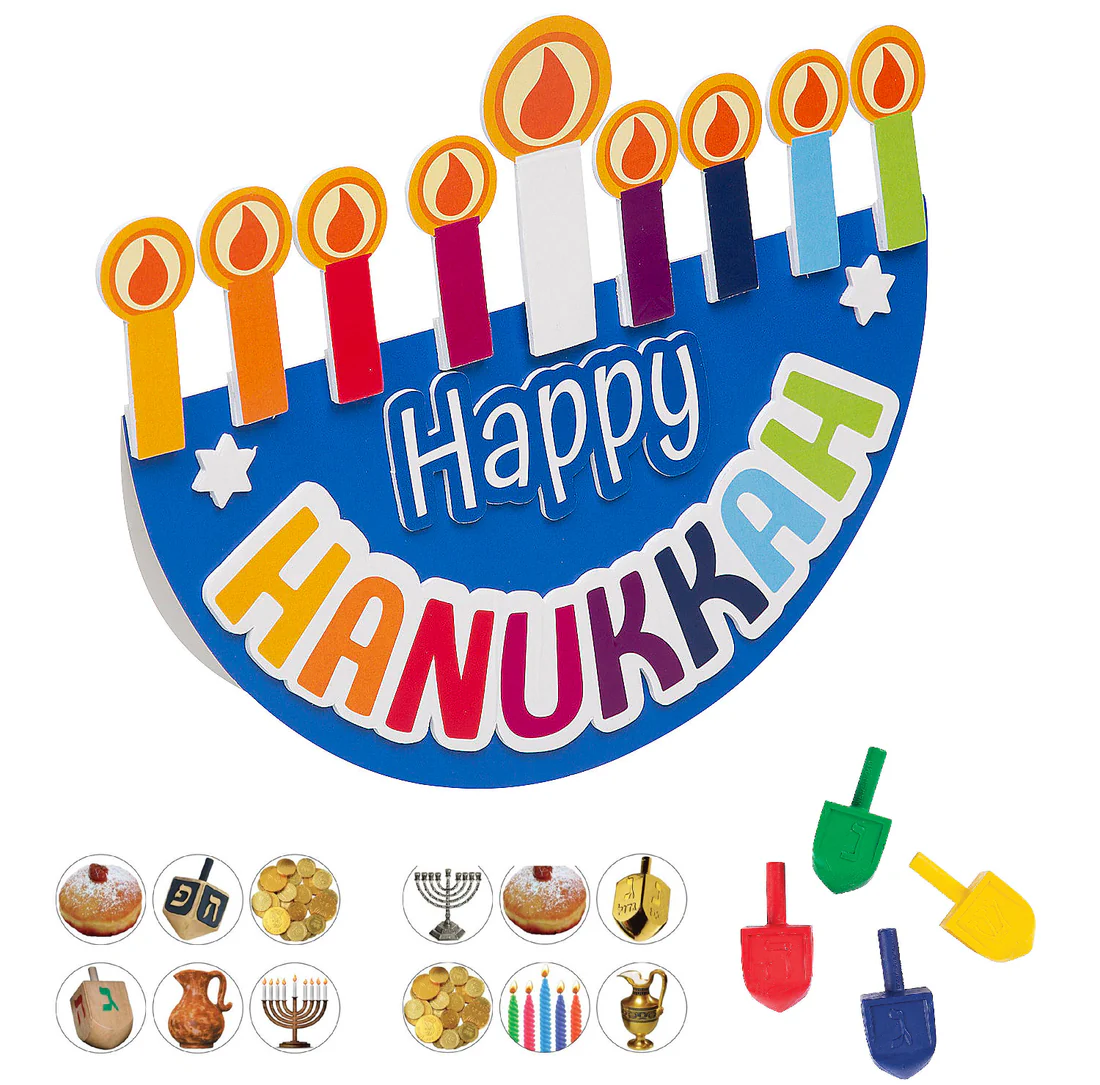 Colorful Hanukkah decoration with candles and 'Happy Hanukkah' text on a white background.