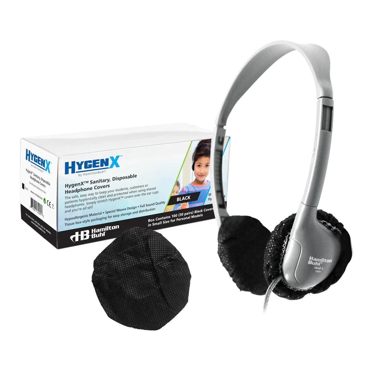 HamiltonBuhl® HygenX Sanitary, Disposable Ear Cushion Covers for 2.5" Personal-Sized Headphones and headsets, 50 Pairs, BLACK