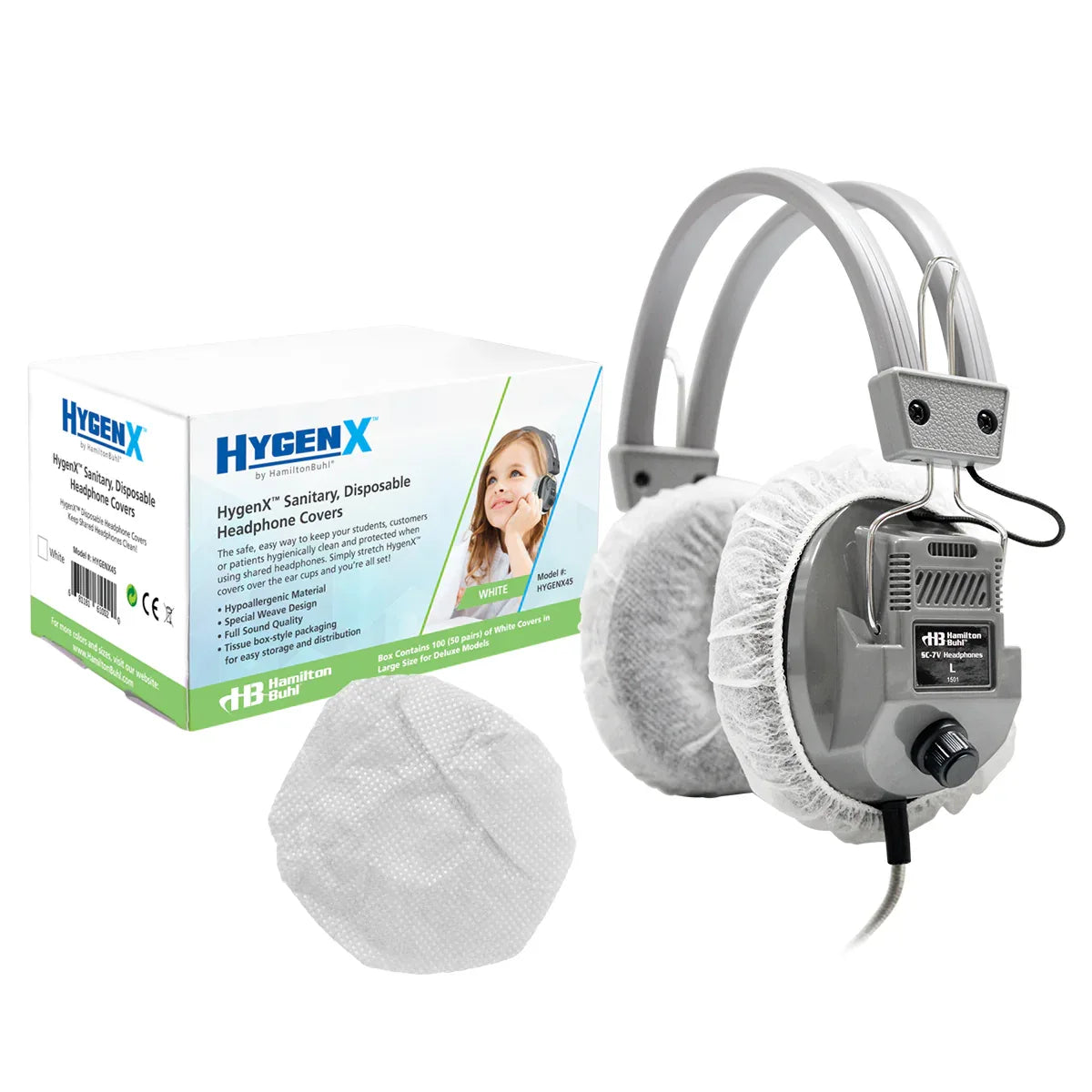 HamiltonBuhl® HygenX Sanitary, Disposable Ear Cushion Covers for 4.5" Deluxe-Sized Headphones and Headsets, 50 Pairs, WHITE