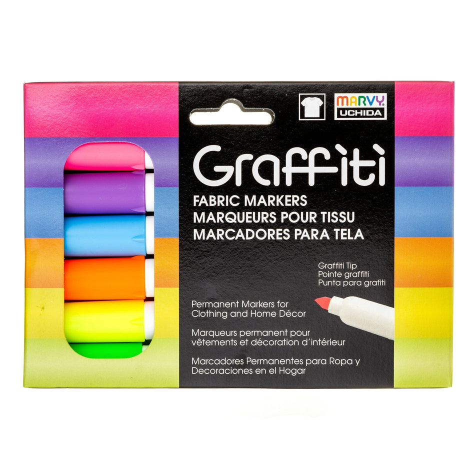 Marvy Uchida Graffiti Fabric Markers - Set of 6, Fluorescent Colors 560-6C
