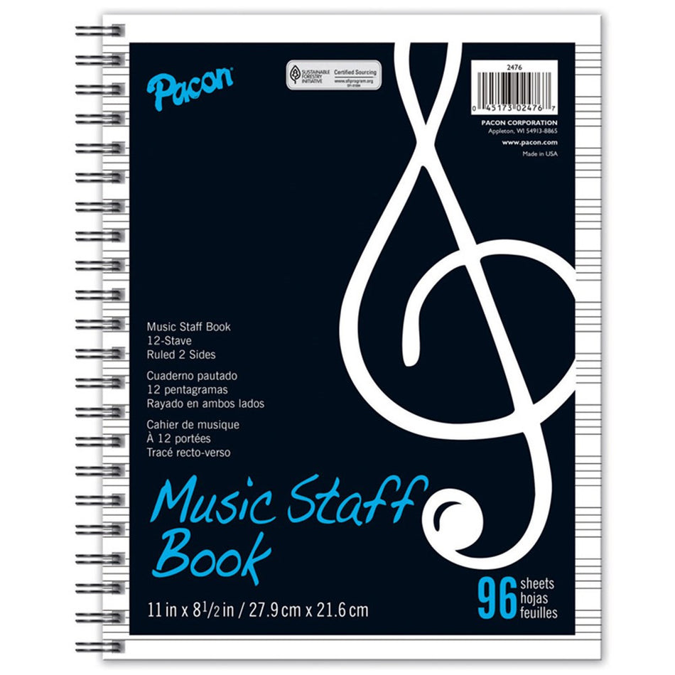 Music Staff Paper, Spiral Bound Book, 8-1/2" x 11", 96 Sheets