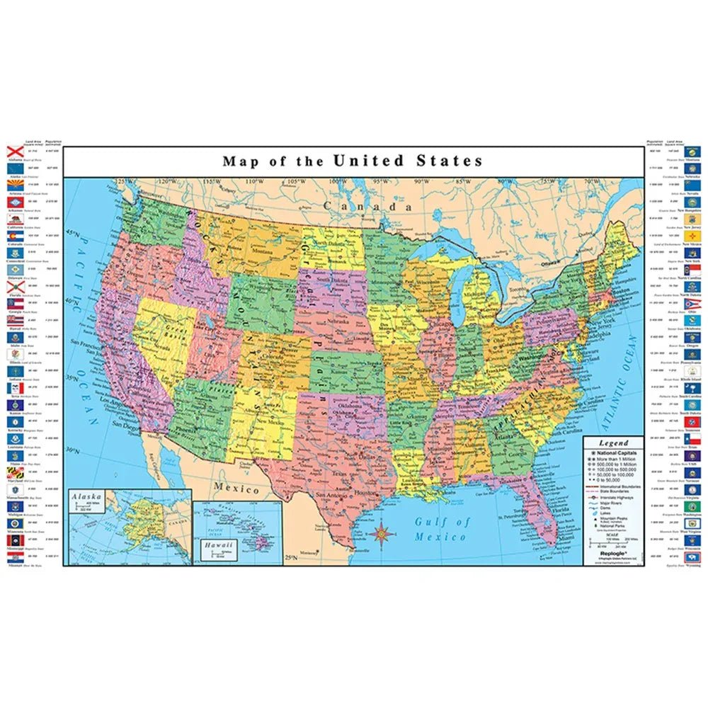 Classroom Political USA Wall Map, United States Includes Flags 33 X 49 Inches