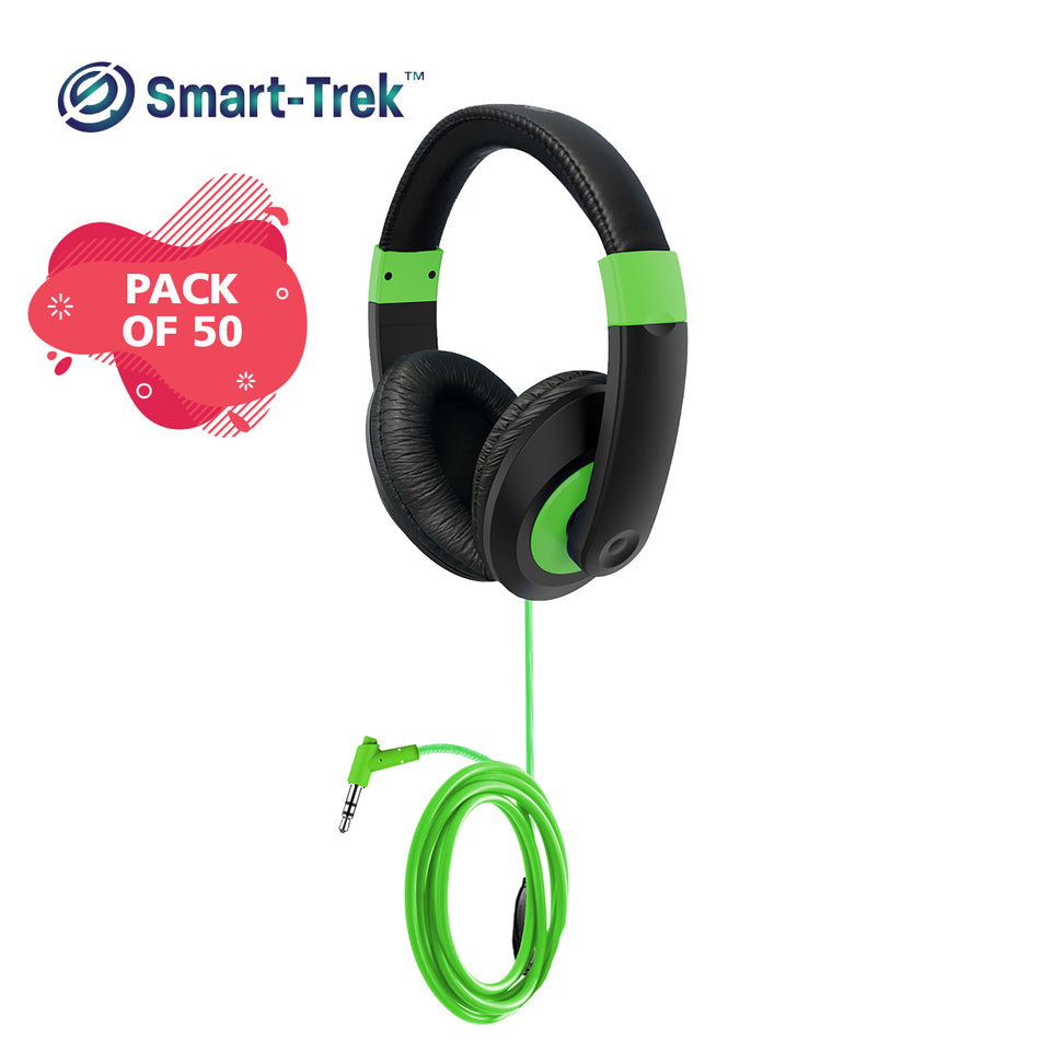 Smart-Trek Deluxe Stereo Headphone with Green Accents, In-Line Volume Control and 3.5mm TRS Plug - 50 Pack