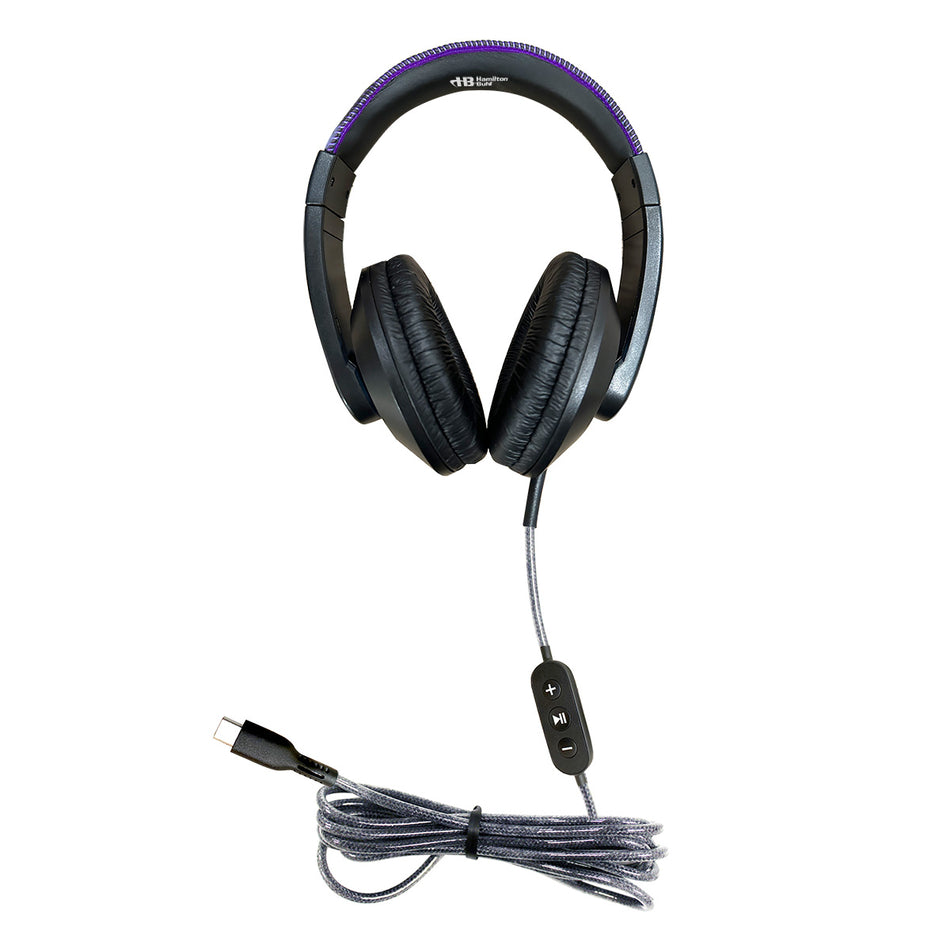 50 Pack of Smart-Trek™ Deluxe USB-C Plug Stereo Headphone with Metallic Purple Accents and In-Line Volume Control