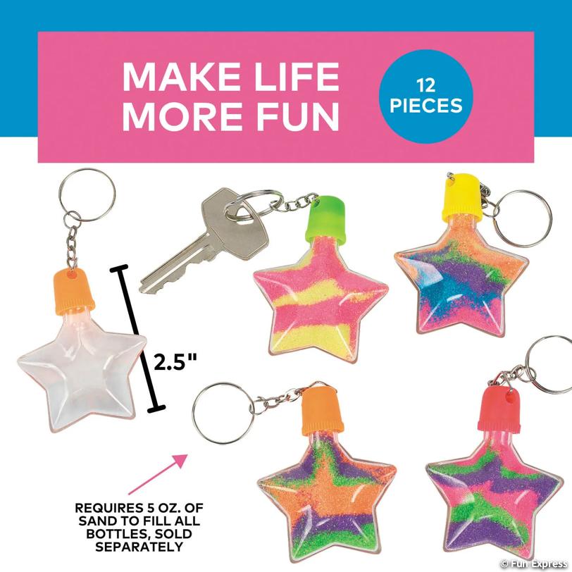 Star-Shaped Plastic Sand Art Bottle Keychains - 12 per package