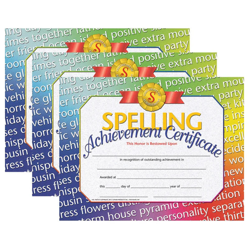 Spelling Achievement Certificate, 30 Per Pack, 3 Packs