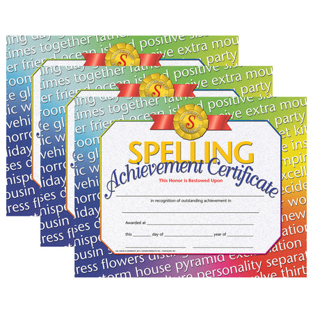 Spelling Achievement Certificate, 30 Per Pack, 3 Packs