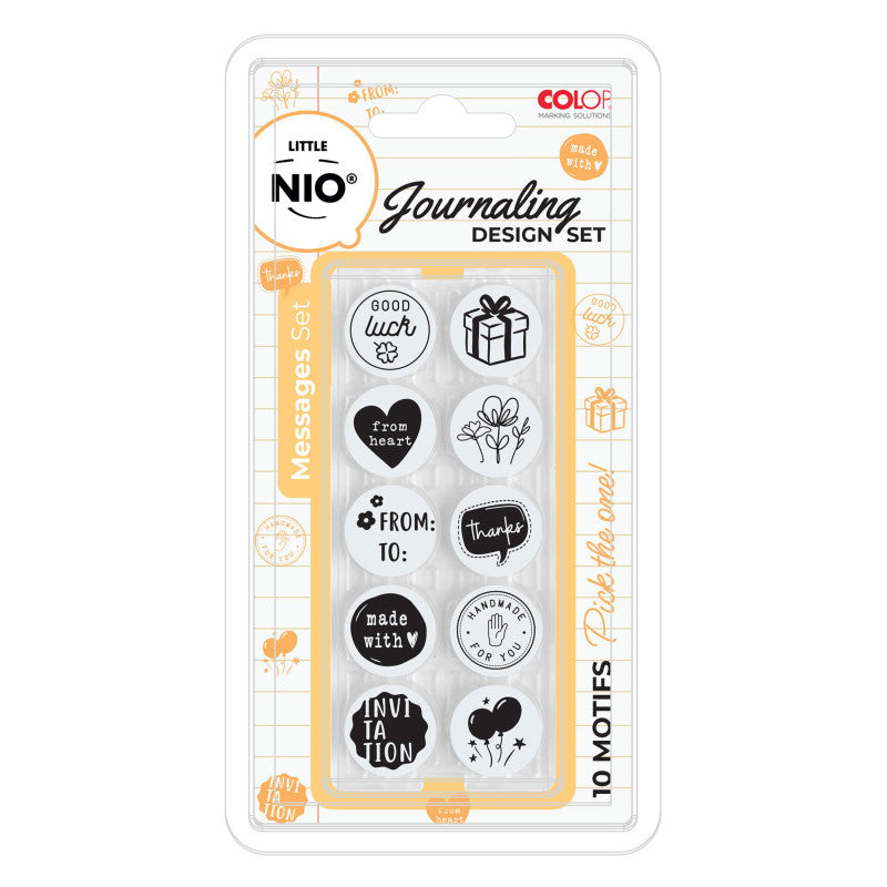 Little NIO Messages Journaling Stamp Set, 10 Interchangeable Designs, 17 mm Round Imprint